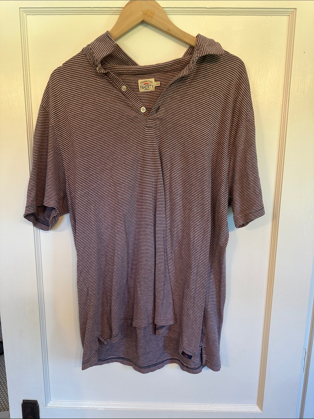 Faherty Striped Short-Sleeve Hooded Polo in Maroon and White